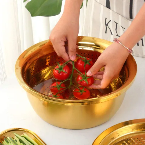 Miniatura 5 de Juego de colador multifuncional 3 en 1, rallador de cocina de acero inoxidable, cesta de drenaje/lavabo inferior para lavar arroz, frutas, verduras