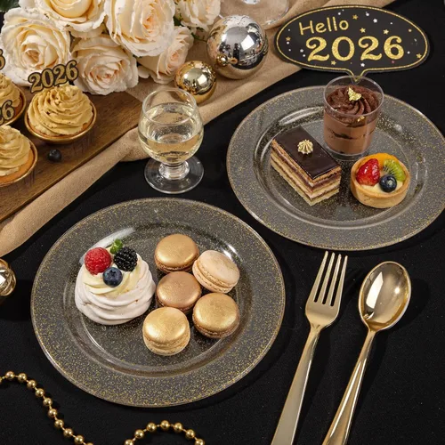 Miniatura 2 de Liacere 100 platos de plástico dorados, platos desechables de purpurina dorada para aperitivos, platos de ensalada/postre de plástico de alta
