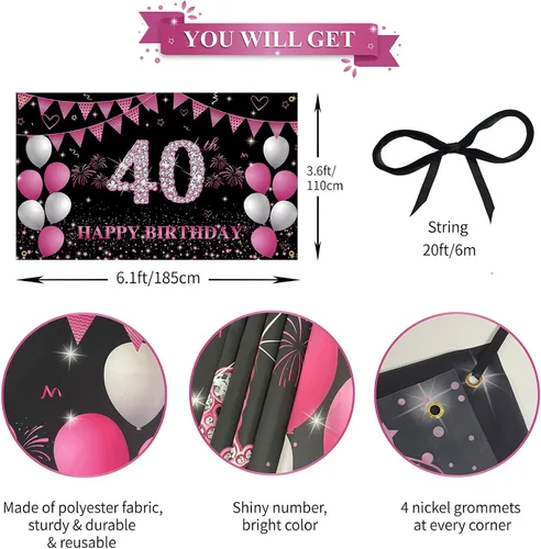 Miniatura 2 de Cartel de fondo de 40 cumpleaños rosa intenso, decoraciones de feliz cumpleaños 40 para mujeres, fiesta de cumpleaños de 40 años, accesorios