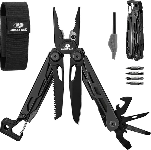 Miniatura 9 de MOSSY OAK Alicates Multiherramienta Mecanizados por CNC, Herramienta Múltiple 27-en-1 con Cuchillo de Bolsillo, Iniciador de Fuego y Silbato