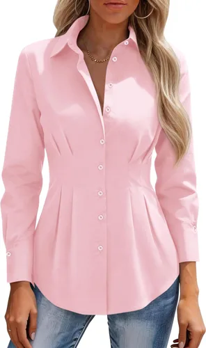 Miniatura 16 de siliteelon Camisas con botones para mujer, cintura ceñida, camisa de vestir de algodón de manga larga para negocios, casual, trabajo, oficina