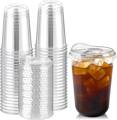 Miniatura 10 de Tazas de plástico transparentes con fondo redondo y tapas con orificio, 25 juegos, tazas de café helado desechables de 16 oz con tapas sin pajita