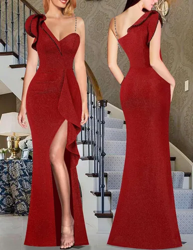 Miniatura 2 de VFSHOW Vestido largo de fiesta formal con volantes y tirantes para el hombro, para mujer, vestido largo sexy con cuello en V dividido para cóctel