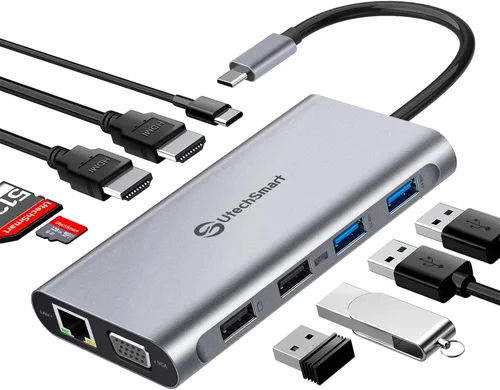 Estación de acoplamiento USB C de monitor dual, UtechSmart 11 en 1 USB C Hub de triple pantalla, soporte para portátil con 2 HDMI, Ethernet, VGA,