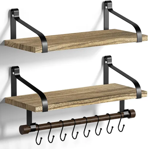 Miniatura 9 de Love-KANKEI Estantes flotantes para barra de café, estantes de baño con toallero, estantes de pared con 8 ganchos para cocina, juego de 2 estantes