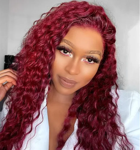 Miniatura 4 de Pelucas de encaje frontal rizadas color rojo para mujeres de raza negra, pelucas de encaje color borgoña, peluca roja oscura larga con ondas