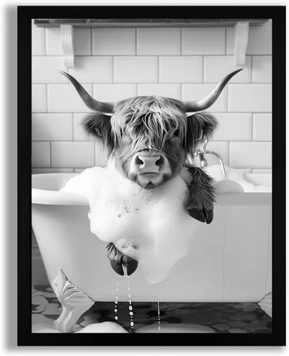 Miniatura 18 de SYWENNOI Arte de Pared en Lienzo Enmarcado en Blanco y Negro para Baño, Divertido Gato Negro Sentado en el Inodoro Leyendo Periódico Decoración