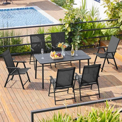 Miniatura 2 de Yaheetech Juego de 4 sillas de comedor para patio con reposabrazos, sillas plegables para exteriores con marco de metal y respaldo para césped, Negro