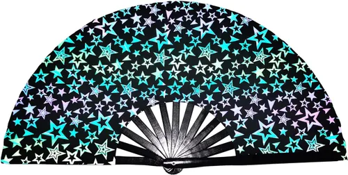 Miniatura 6 de Ventilador grande para rave para mujeres/hombres, ventilador de mano reflectante con ventilador de mano de bambú y tela de nailon, para actuación
