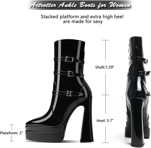 Miniatura 4 de Artrotter Botas de plataforma puntiaguda para mujer, botas de combate de tacón alto con cremallera de tamaño, botines de plataforma doble apilada