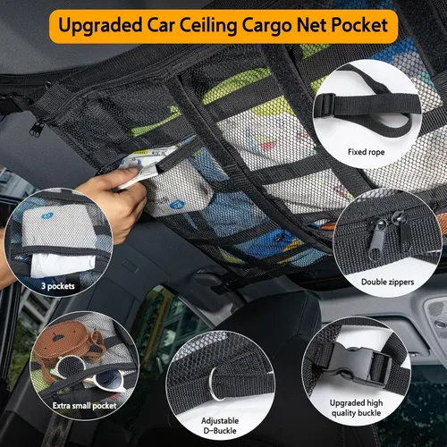 Miniatura 3 de Red de carga para techo de coche con 3 bolsillos, organizador de malla de almacenamiento para techo de coche de 79.9 x 54.9 cm, red de malla