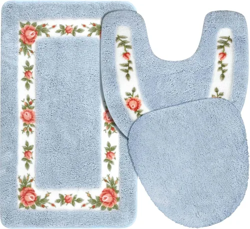 Drydiet Juego de 3 alfombras de baño con rosas y flores, decoración de habitación, alfombra de baño floral en forma de U, antideslizante, Azul