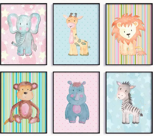 Juego de 6 impresiones artísticas de pared de safari para guardería, juego de 6 lindos animales bebés (elefante, jirafa, león, mono, rinoceronte,
