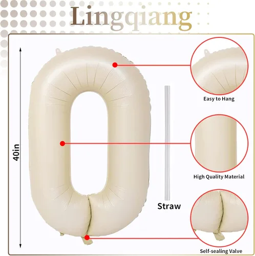 Miniatura 2 de Globos color crema de 40 pulgadas con números grandes del 0 al 9, globos autoinflables de helio con el número 0 de arena blanca para niños y niñas