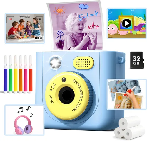 Cámara de impresión instantánea para niños, cámara digital HD de 48 MP 1080P con impresión en color y B&W, tarjeta de 32 GB y 3 rollos de papel,