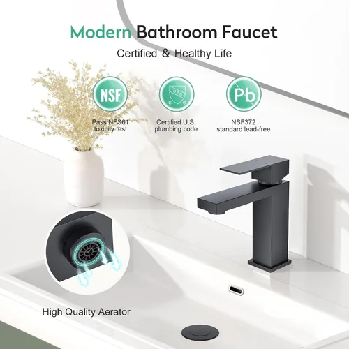 Miniatura 2 de Faustina Grifo de Baño Negro de 1 Agujero, Grifo de Baño de Una Sola Manija de Un Agujero con Ensamblaje de Drenaje Pop Up, Grifo de Tocador