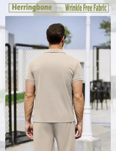 Miniatura 4 de COOFANDY Conjunto de 2 piezas de camisa polo y traje corto para hombre con cremallera de un cuarto para verano