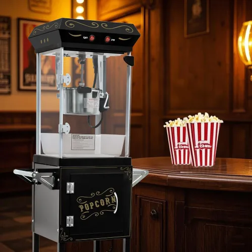 Miniatura 9 de Máquina de palomitas de maíz con carrito, con ruedas y cuchara de aceite de acero inoxidable de 6 onzas, carrito móvil con taquillas para cine