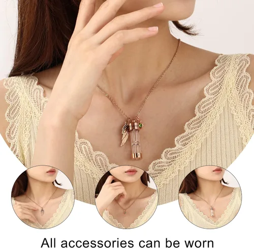 Miniatura 5 de MeMeDIY Collar de urna para hombre, de acero inoxidable, colgante conmemorativo de reloj de arena con ala de ángel, piedra natal redonda, recuerdo