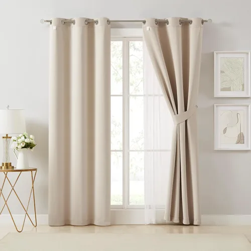 Miniatura 7 de Bujasso Cortinas 80% Opacas Beige con Superposición de Gasa Mezcla y Combinación Paneles de Ventana con Aislamiento Térmico de Doble Capa de 63