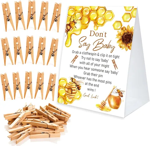 Miniatura 16 de Juego de pinzas para la ropa de baby shower, un cartel de papel recubierto de 5 x 7 pulgadas y 50 pinzas naturales para la ropa, baby shower