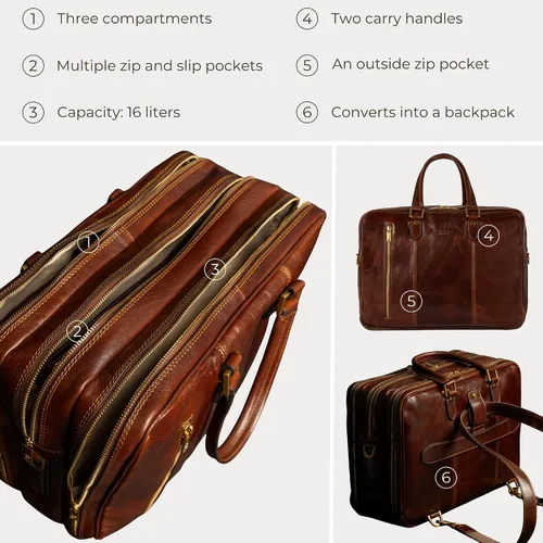 Miniatura 6 de Time Resistance Maletín de cuero para laptop - Bolsa de cuero de grano completo para computadora para hombres y mujeres Cuero Marrón