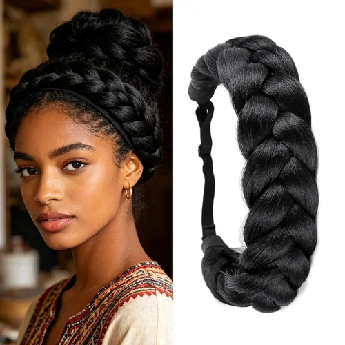 Miniatura 9 de Diadema trenzada bohemia de gran tamaño, trenzas anchas clásicas, correa elástica ajustable, peluca sintética, trenzas para mujer, accesorios