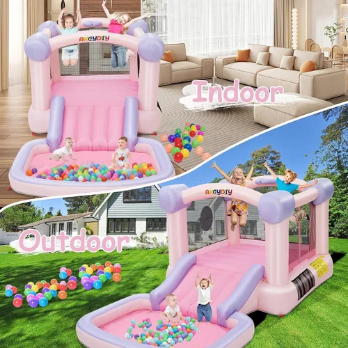 Miniatura 10 de AKEYDIY Pastel Dream Casa de Rebote para Niños de 3-10, Casa de Rebote de Agua de 161x82x63 pulgadas con Tobogán, Piscina de Pelotas/Foso