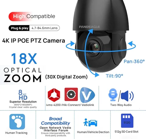 Miniatura 2 de PANOEAGLE Cámara IP PTZ PoE de 4K 8MP para exteriores con zoom óptico de inclinación panorámica 18X, detección humana/vehículo, conversación