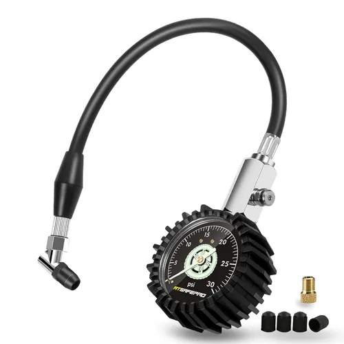 Medidor de presión de neumáticos de baja presión ATsafepro hasta 30PSI, medidor de neumáticos mecánico de 2.5” con manguera flexible y portabrocas