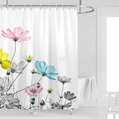 Miniatura 37 de Cortina de ducha de 72" x 72" con flores grises y rosas, gris y blanco, flores silvestres, margaritas, plantas, pintura de tinta, botánica