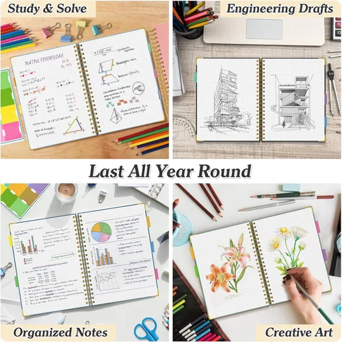 Miniatura 6 de Cuaderno de papel cuadriculado, cuaderno de cuadrícula en espiral de 8.5" X 11", diario de cuero de tapa dura de 300 páginas, cuaderno de papel Negro