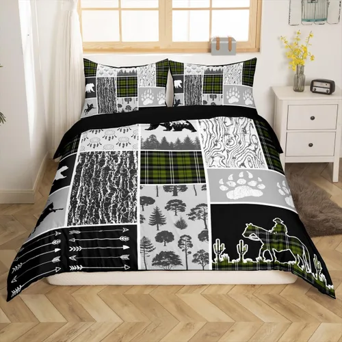 Miniatura 10 de Funda de edredón rústica tamaño Queen, juego de ropa de cama retro para cabaña de cabaña, oso de caza, ciervo, hojas de arce, funda de edredón