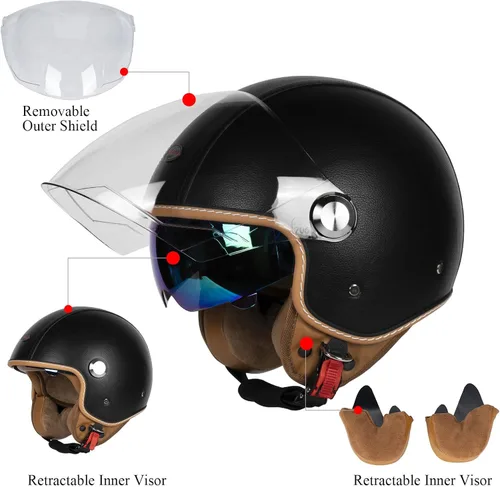 Miniatura 5 de Cascos de cara abierta para motocicleta, aprobados por el DOT, 3/4, casco para motoneta con visera dual, hebilla de liberación rápida, cascos
