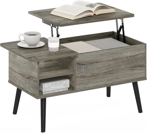 Miniatura 9 de Furinno Jensen - Mesa auxiliar de madera con parte superior elevadora de patas con compartimento oculto y estante lateral abierto para sala
