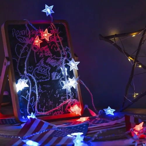 Miniatura 6 de Luces solares rojas, blancas y azules, 4 de julio, tira de luces de estrella decorativa con 100 luces LED solares de jardín, 51 pies, impermeables