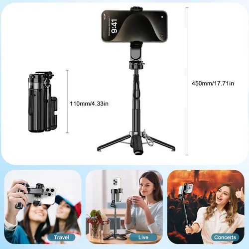 Miniatura 6 de Soporte de trípode para teléfono 4 en 1 con clip, palo de selfie extensible con rotación de 360° e inclinación de 225°, mango plegable portátil