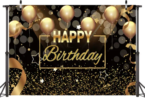 Miniatura 2 de Sensfun Cartel de fondo de fiesta de feliz cumpleaños para hombres y mujeres, globos negros y dorados con purpurina Bokeh, fondo de fotografía