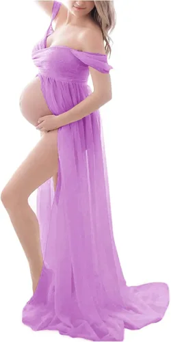 ZIUMUDY Vestido de gasa de maternidad con hombros descubiertos para sesión de fotos, vestido largo de encaje frontal dividido para fotografía