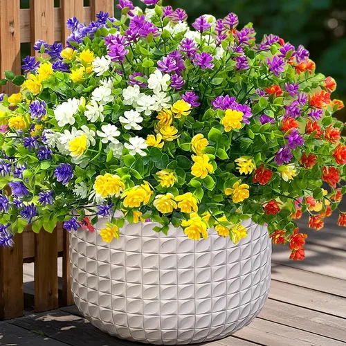 Miniatura 8 de 12 paquetes de flores artificiales para exteriores, plantas falsas para decoración de otoño y verano, flores de seda artificiales, resistencia