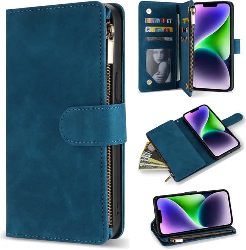 Miniatura 23 de ZZXX Funda tipo cartera para iPhone 14 Plus con [Bloqueo RFID] Ranura para tarjetas Cuero PU suave premium con cremallera tipo folio plegable