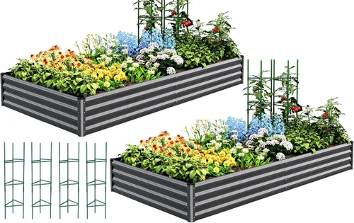 Miniatura 23 de Quictent Jardinera elevada galvanizada de 6 x 3 x 2 pies, maceta de metal sin fondo para patio trasero al aire libre, incluye 1 jaula de tomate Gris