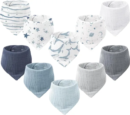 Miniatura 9 de Konssy Baberos de muselina para bebé, paquete de 10 baberos bandana para bebé, 100% algodón, unisex para niños y niñas Amarillo
