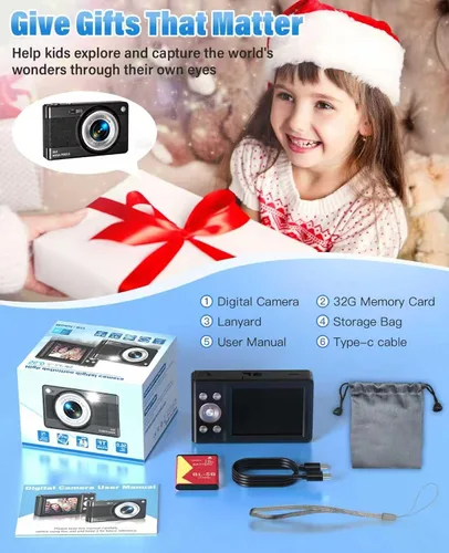 Miniatura 6 de Cámara digital para niños, FHD 1080P 56MP con enfoque automático y disparo con 16X de zoom, tarjeta TF de 32GB, batería, flash, detección de rostro