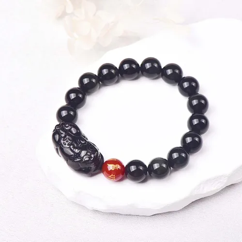 Miniatura 11 de Pulsera de obsidiana negra, pulsera de obsidiana negra Feng Shui para mujeres y hombres, pulsera elástica de obsidiana con piedra de ojo de tigre