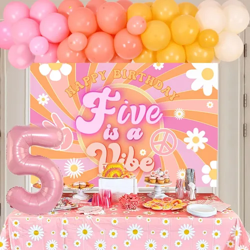 Miniatura 4 de Cheereveal Five is a Vibe - Decoraciones de fiesta de cumpleaños, Groovy Kit de guirnalda de arco de globos de 5º cumpleaños – Globo de aluminio