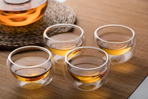 Miniatura 7 de CNGLASS Juego de 4 tazas de té de vidrio de doble pared, 5.1 onzas, tazas de té transparentes aisladas asiáticas, 5.1 fl oz, pequeña taza