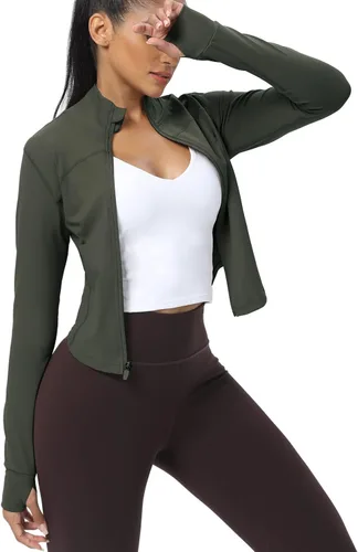 Miniatura 116 de AVGO Chaquetas de entrenamiento recortadas para mujer, con cremallera, ajustadas, atléticas, con agujeros para el pulgar