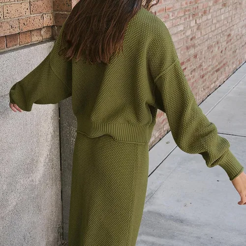 Miniatura 3 de FAMOORE Long Bathing Suit Bottom Set Outfits Mock Neck Long Sleeve Sweater Knit Maxi Long Skirt Sets Office Outfits for