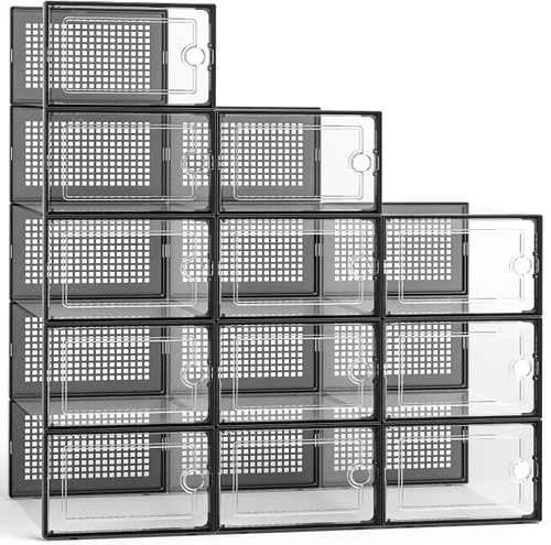 Kuject Cajas grandes de almacenamiento de organizadores de zapatos para armario, paquete de 12 contenedores apilables de plástico transparente con